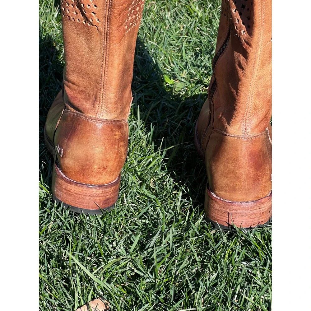 BED STU Tan Leather Knee High Boots Sz 7 Cutout‎ Laced Side Goodyear Welt Women